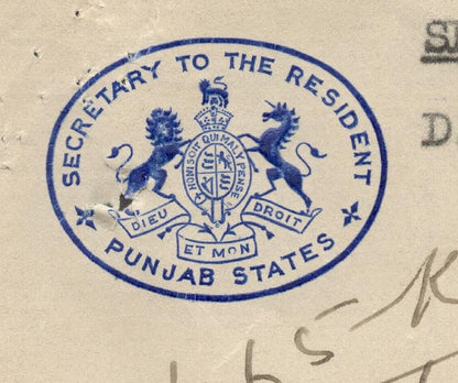 India 1942 crested letter SECRETARY TO RESIDENT PUNJAB STATES Playfair Cypher