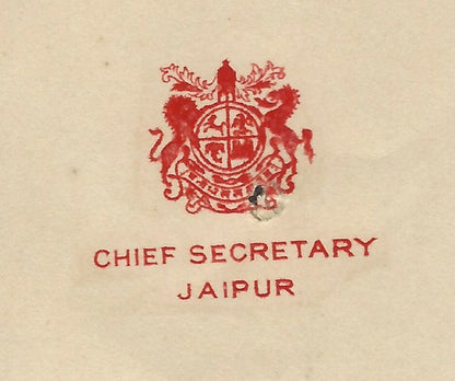 India 1943 crested letterhead CHIEF SECRETARY JAIPUR