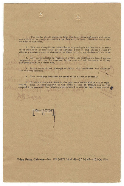 India 1943 Cerificate of Posting with 2 backsides