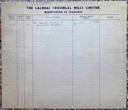 India 1944 Lalbhai Tricumlal Mills share certificate