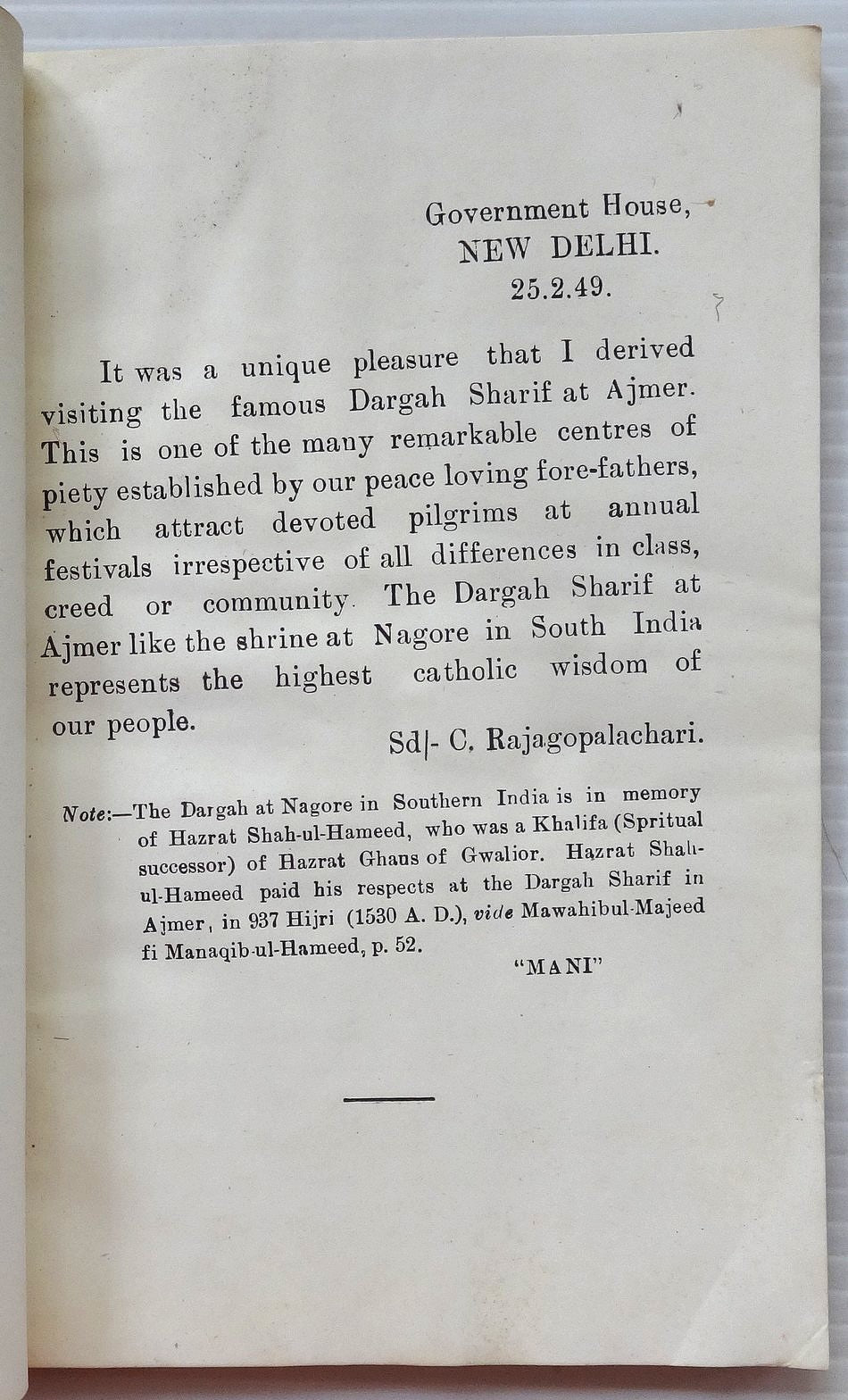 DARGAH KHWAJA SAHIB Ajmer visit by C.Raja Gov Gen of India 76pgs