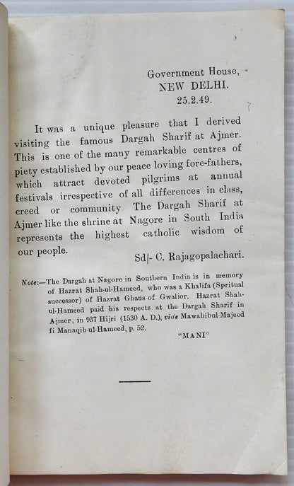 DARGAH KHWAJA SAHIB Ajmer visit by C.Raja Gov Gen of India 76pgs