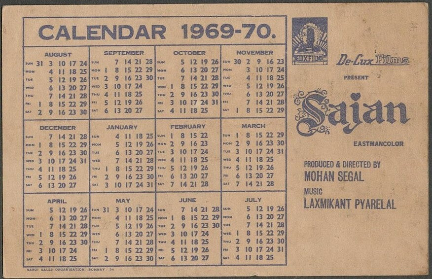 AOP India Bollywood Promotional Calendar 1969-70 SAJAN  Asha Parekh