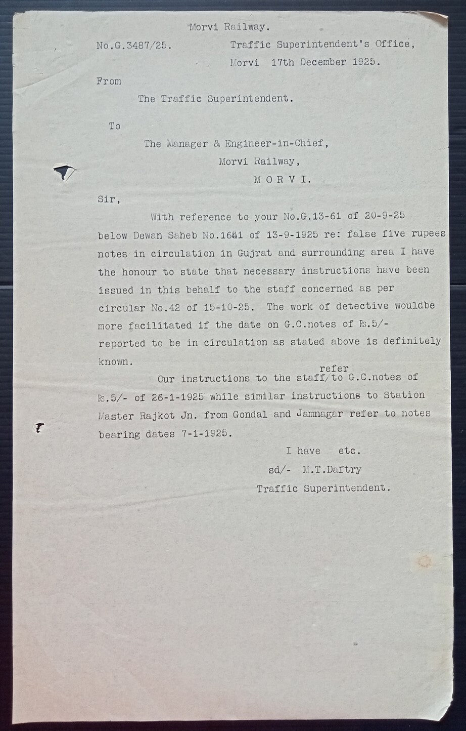 (AOP) India 1926 Official correspondence about FORGED CURRENCY