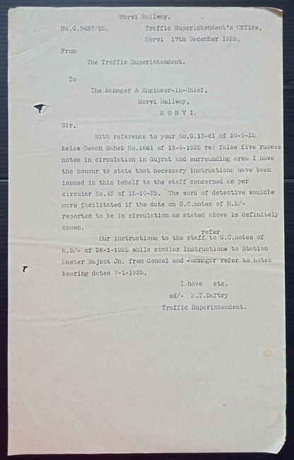 (AOP) India 1926 Official correspondence about FORGED CURRENCY