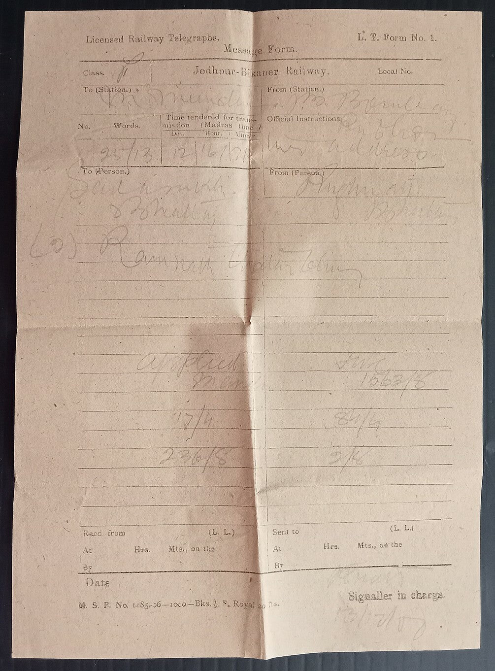 AOPIMT India Jodhpur Bikaner Railway telegraph form with envelope 