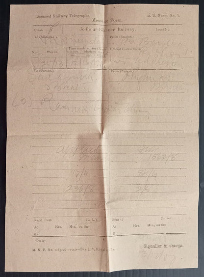 AOPIMT India Jodhpur Bikaner Railway telegraph form with envelope 