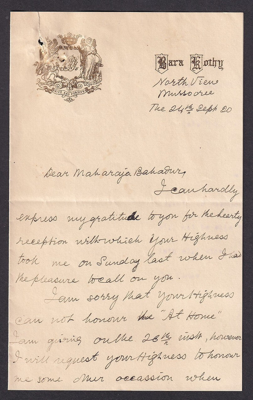 India 1920 BARA KOTHY, Mussorie crested letter to Maharaja