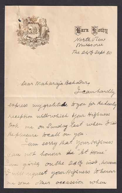 India 1920 BARA KOTHY, Mussorie crested letter to Maharaja