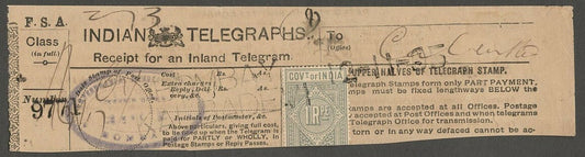AOP India Telegraph stamp on 1905 BY- KALBADEVI Telegraph receipt