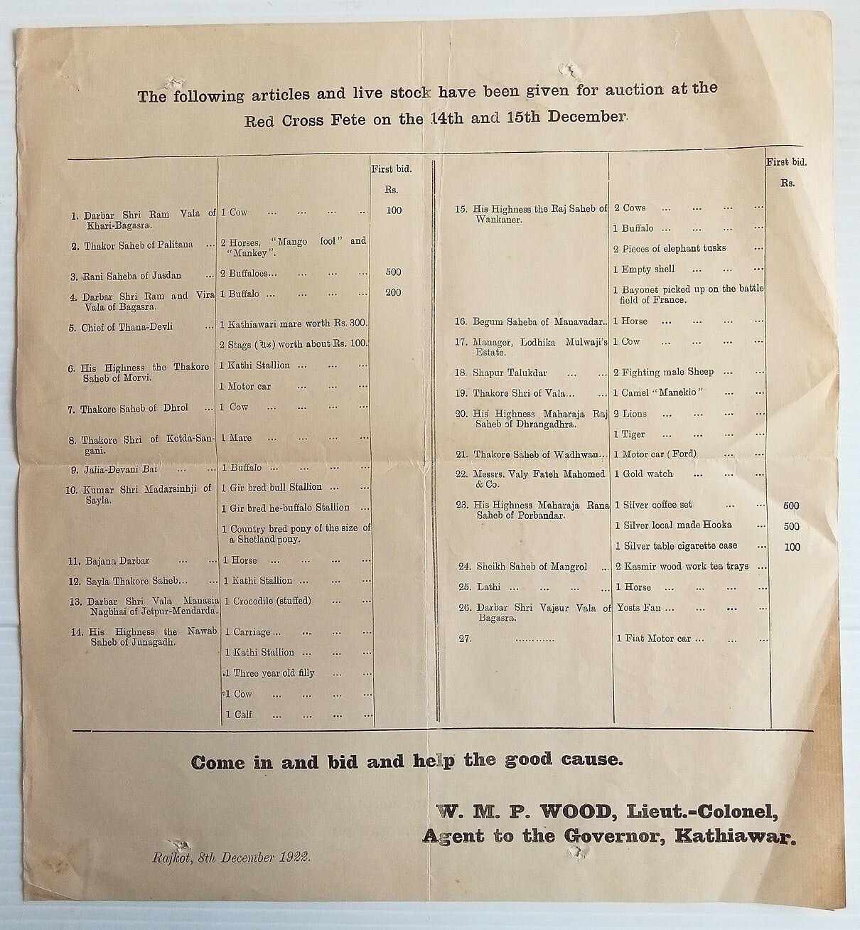 AOP India 1922 Red Cross Fete, Rajkot auction