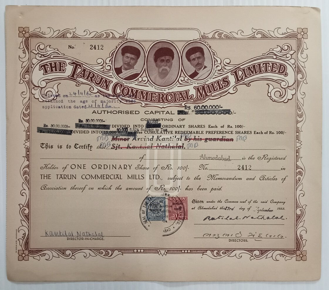 India 1953 The Tarun Commercial Mills Ltd Ahmedabad share certificate