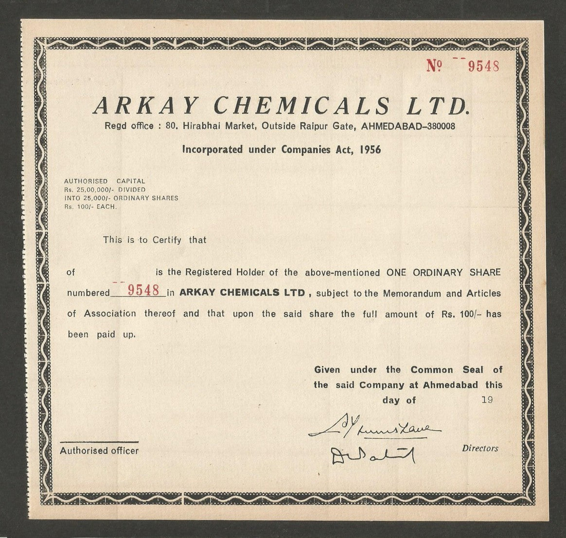 India Arkay Chemicals Ltd share certificate