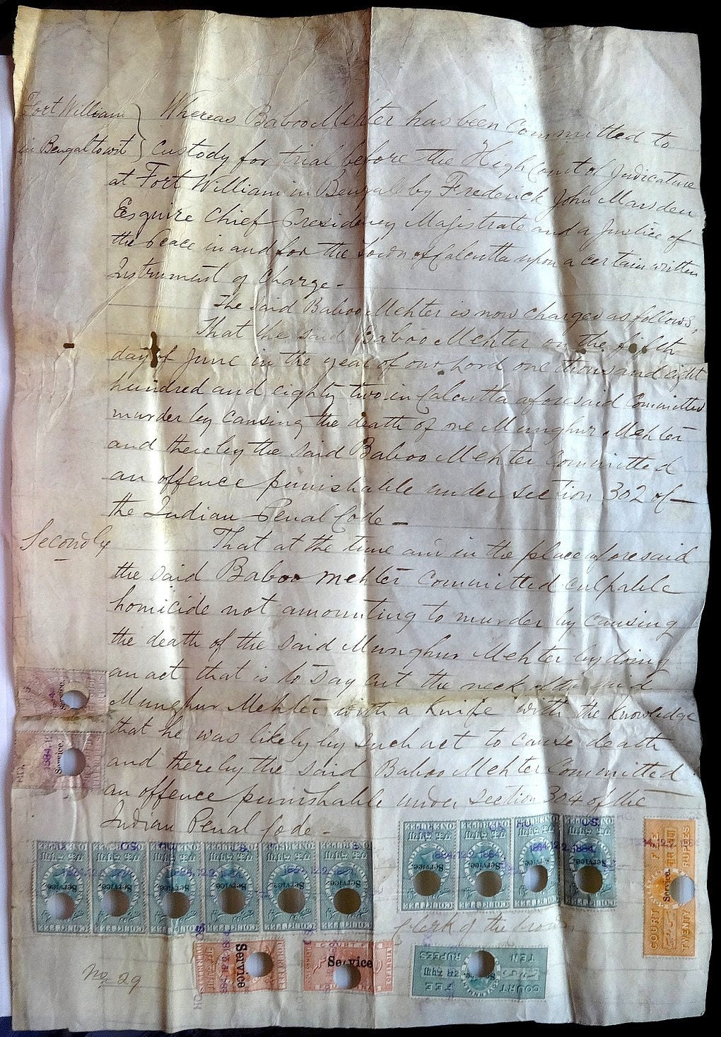 India QV 1860s Court Fee stamps x on vellum parchment document