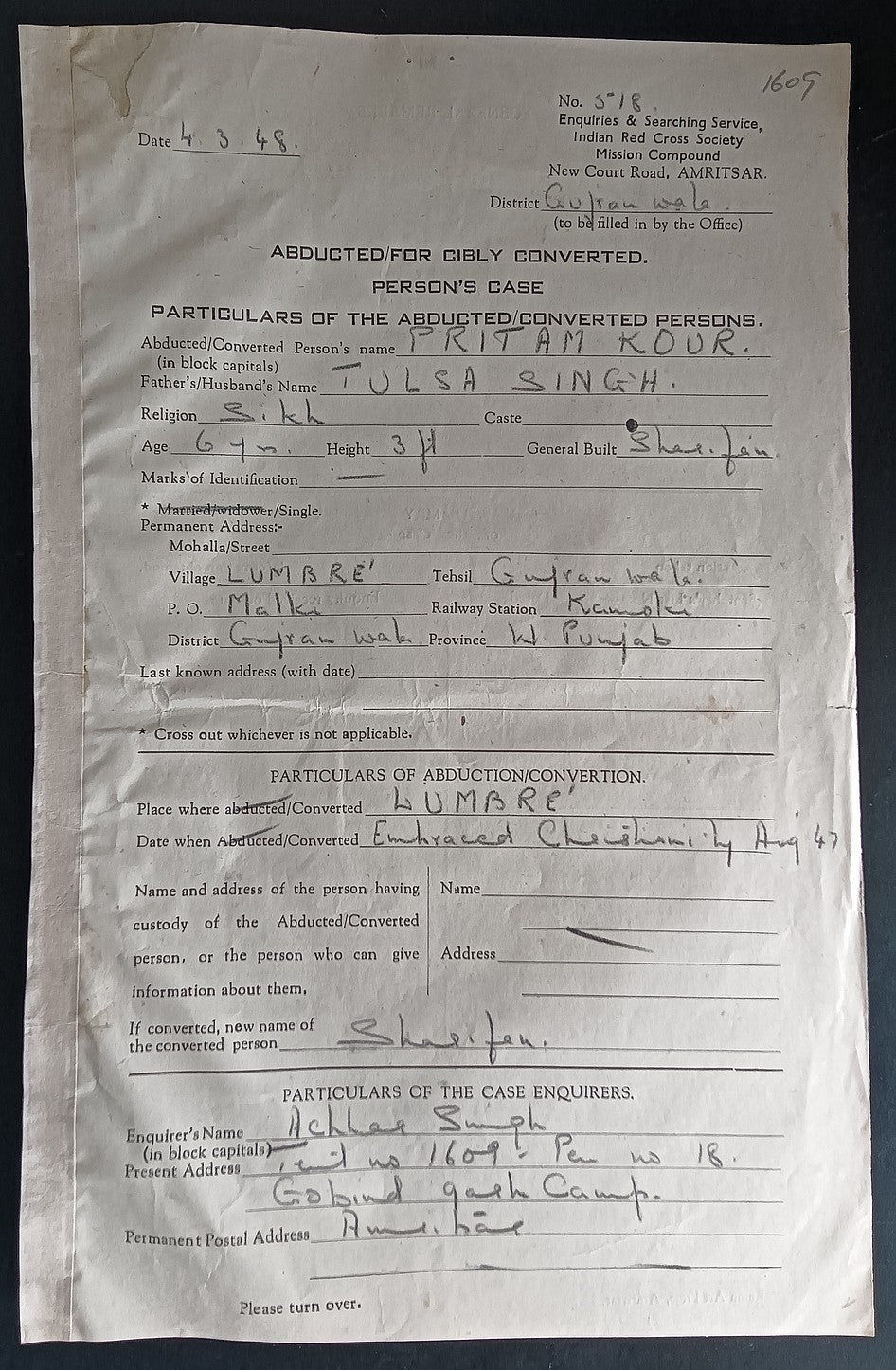 India ABDUCTED/FORCIBLY COVERTED PERSON'S CASE form Sikhism to Islam 1948