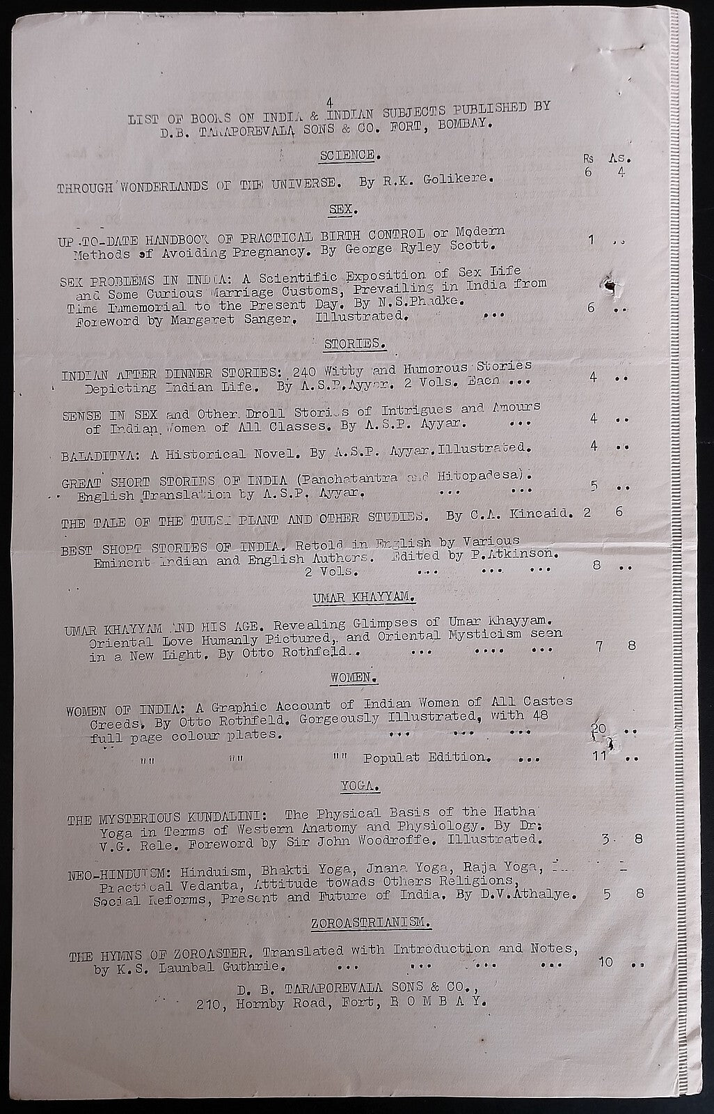 AOP 1938 Taraporewala list of books on Indian subjects