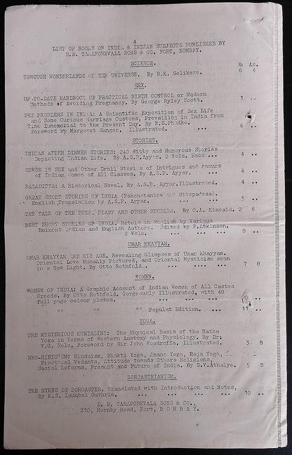 AOP 1938 Taraporewala list of books on Indian subjects