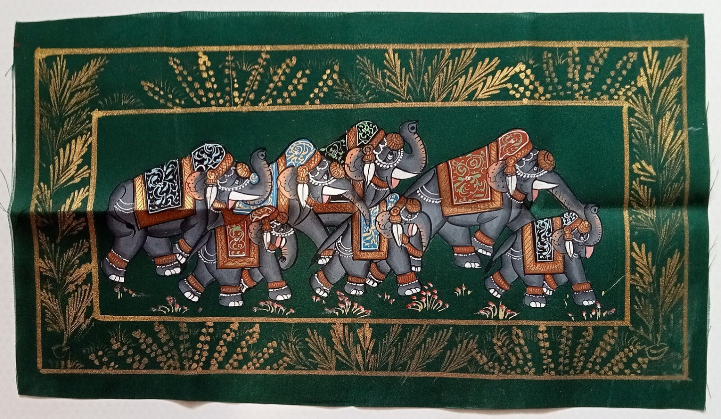 India vintage hand painting on cloth SEVEN ELEPHANTS 8 x 15 inches