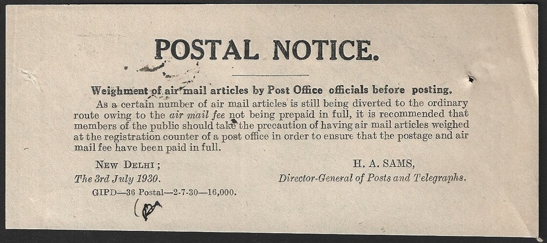 India POSTAL NOTICE 3rd July 1930 Weighment of Air Mail Articles