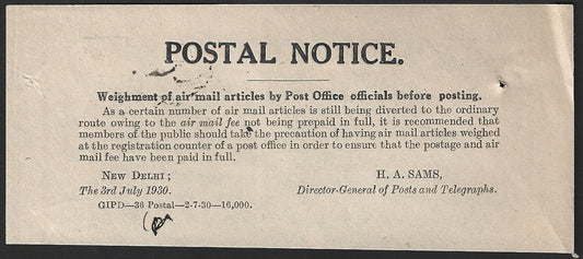 India POSTAL NOTICE 3rd July 1930 Weighment of Air Mail Articles