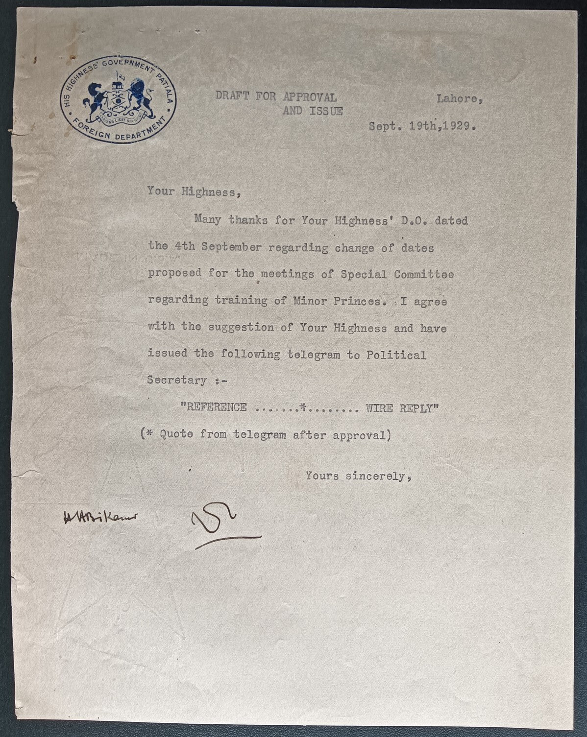 India 1929 crested letter HIS HIGHNESS' GOVERNMENT PATIALA / FOREIGN DEPARTMENT