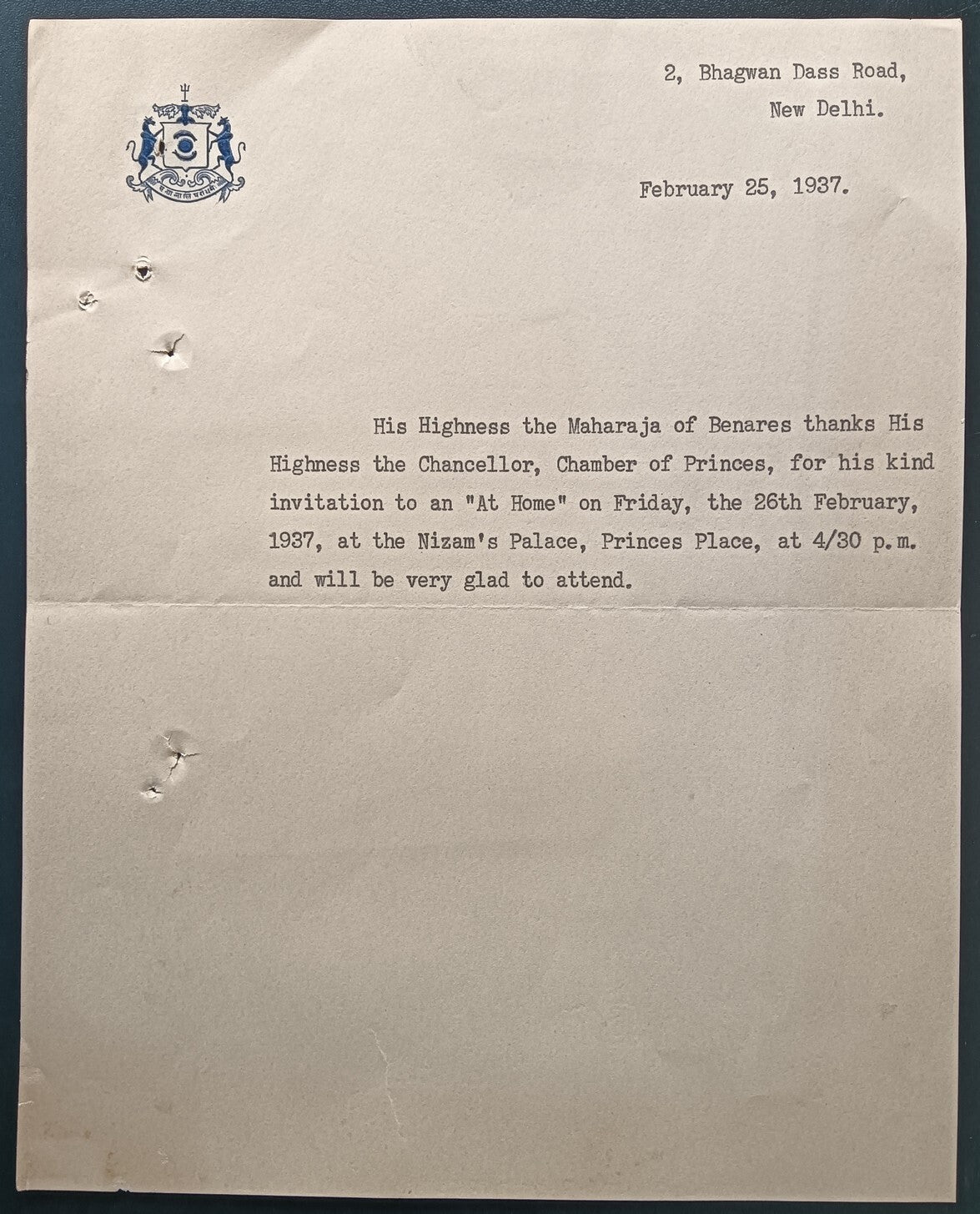 India 1937 crested letter BENARES STATE