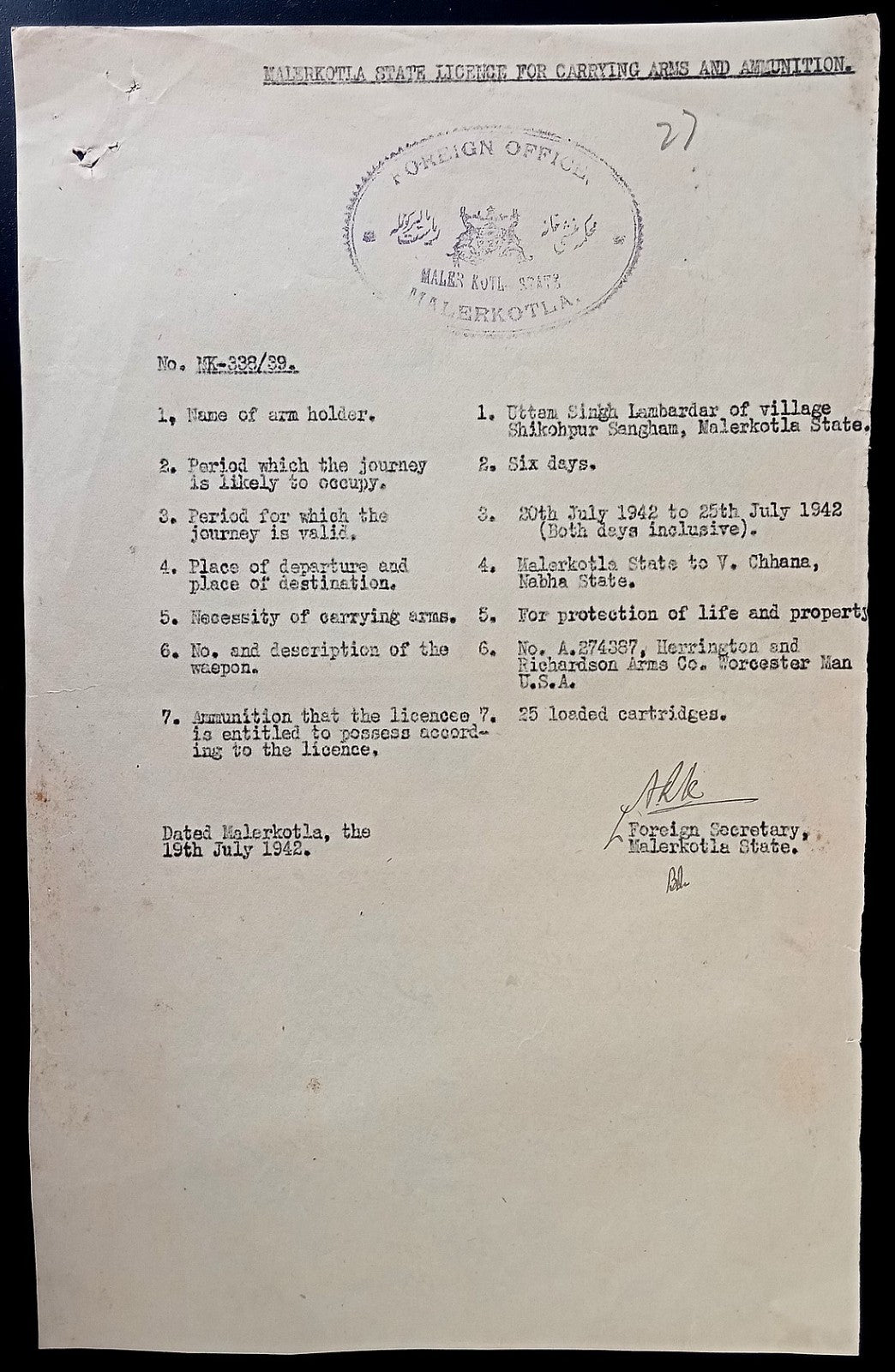 India Maler Kotla State 1948 Arms Weapons Licence issued by the Foreign Office