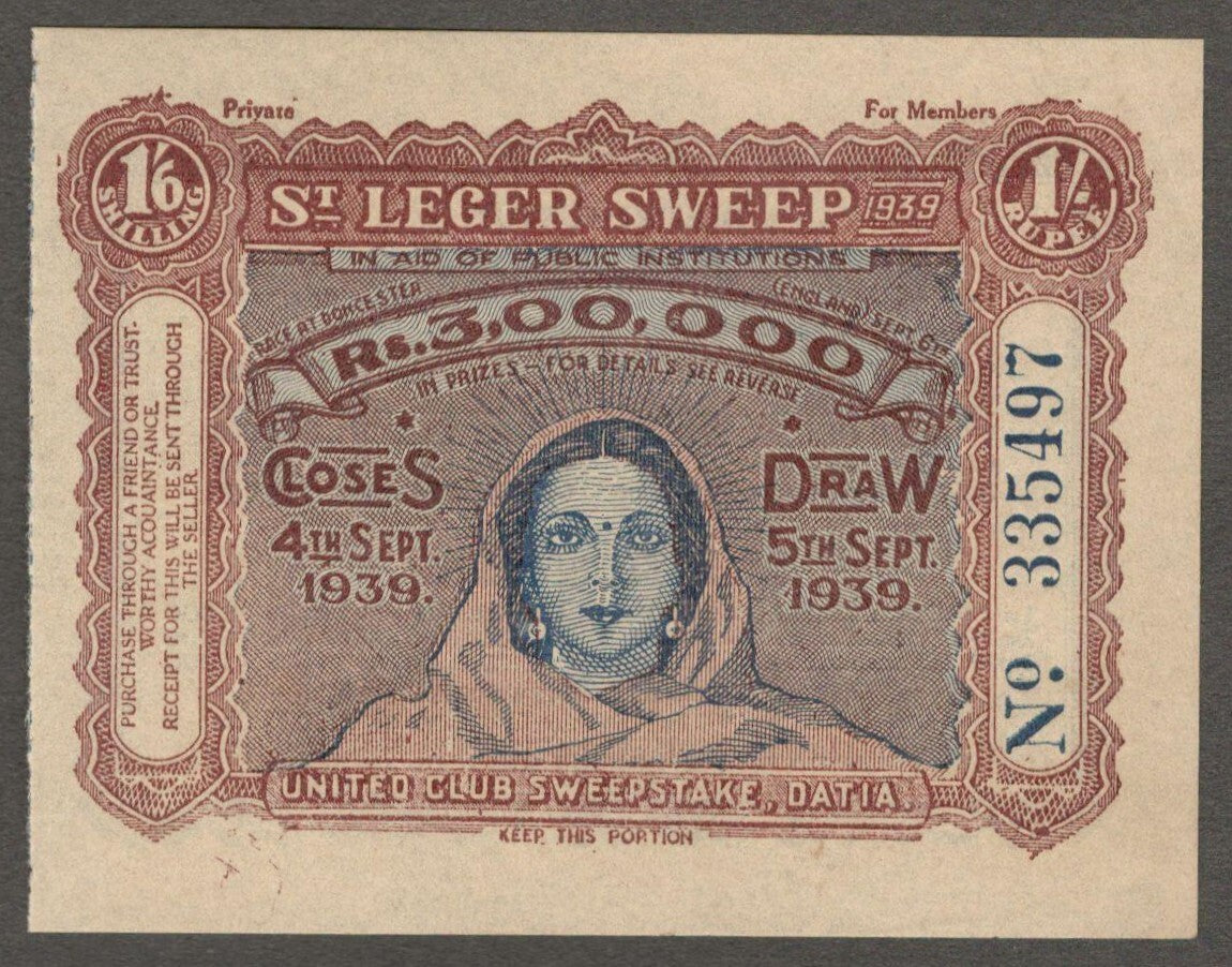 (AOP) India DATIA STATE 1/6 or 1R St. Leger Sweep ticket 1939
