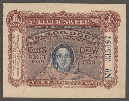 (AOP) India DATIA STATE 1/6 or 1R St. Leger Sweep ticket 1939
