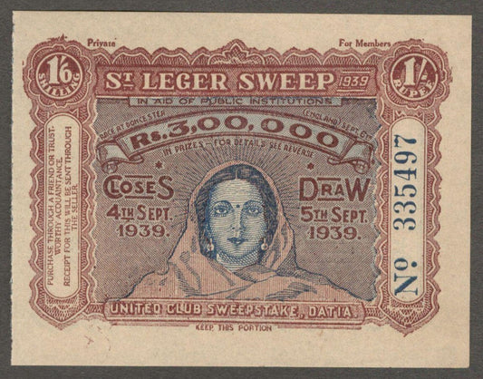 (AOP) India DATIA STATE 1/6 or 1R St. Leger Sweep ticket 1939