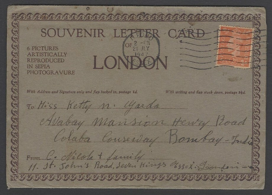 AOP GB Souvenir Letter Card used 1947 to India 