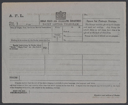 India 1929 violet grey DAILY LETTER TELEGRAM unused