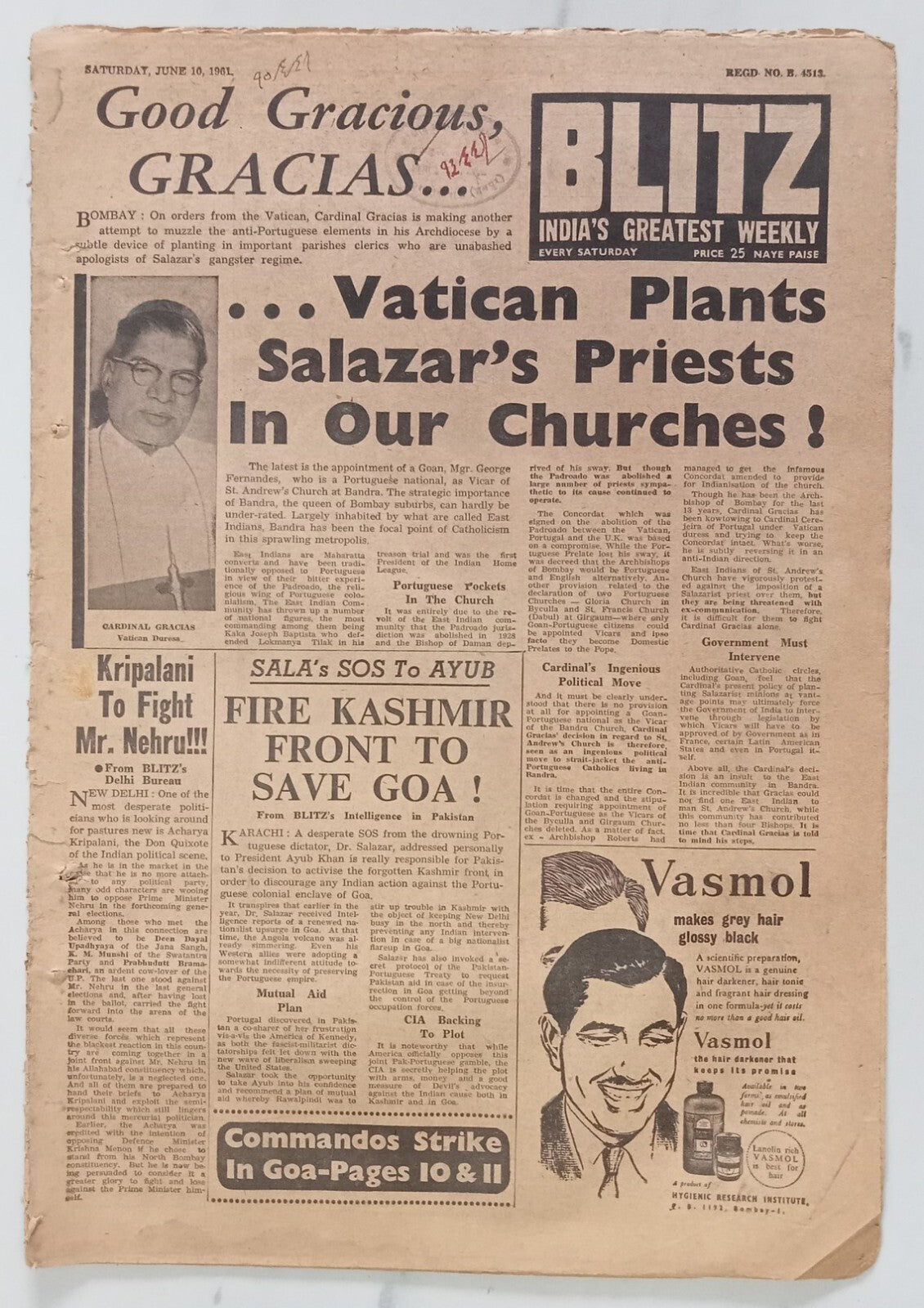 India BLITZ 10 June 1961 VATICAN PLANTS SALAZAR'S PRIESTS IN OUR CHURCHES ! (R )