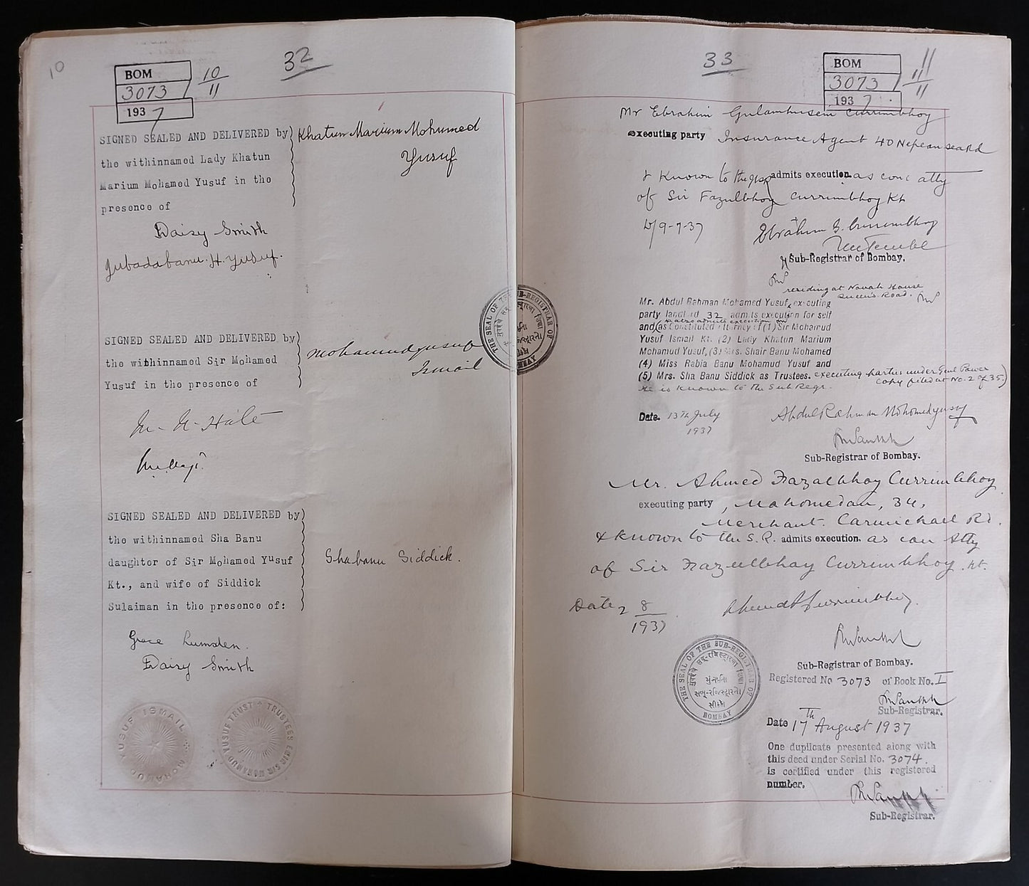 AOP India 1937 indenture signed Fazulbhoy Currimbhoy