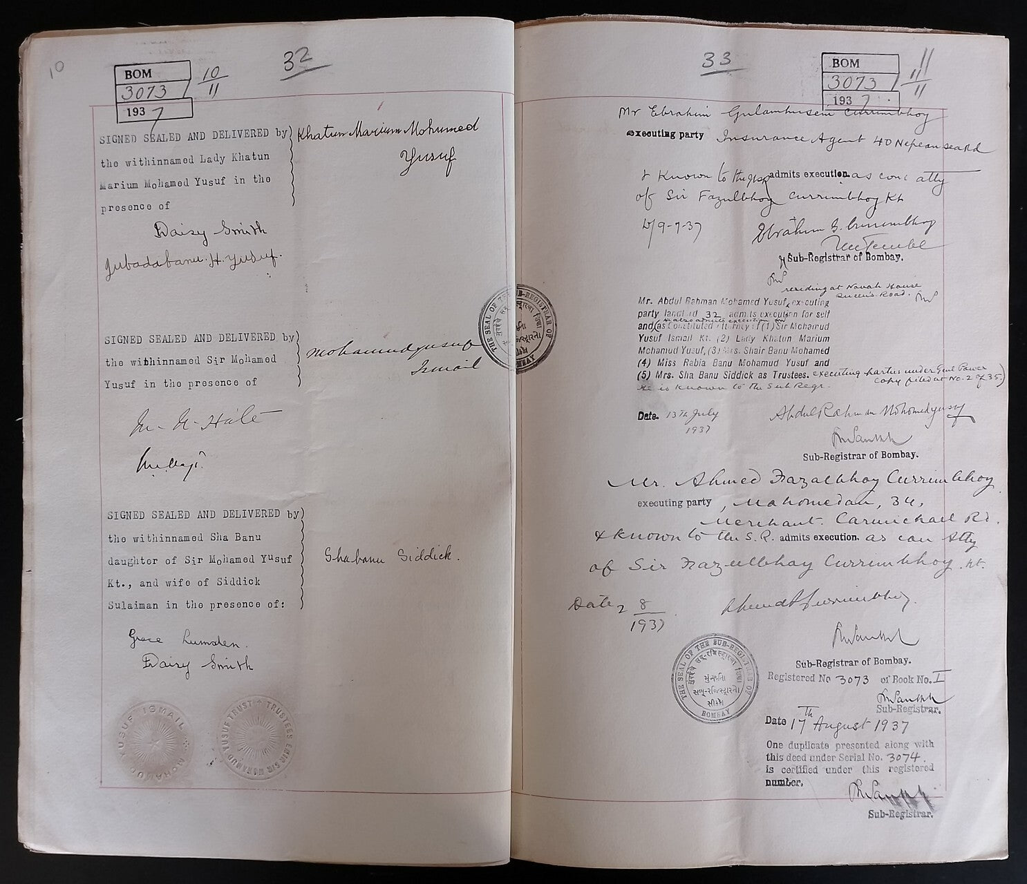 AOP India 1937 indenture signed Fazulbhoy Currimbhoy
