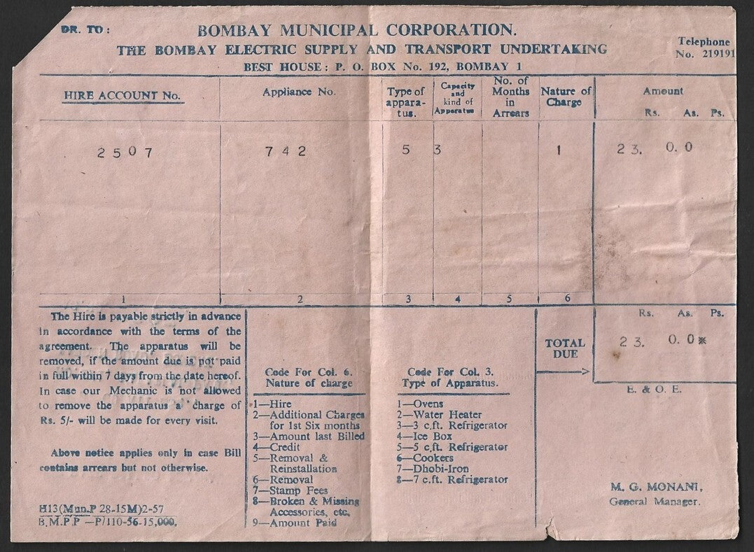 India 1957 letter with BES&T Bombay meter & BES&T ovpt. revenue stamp