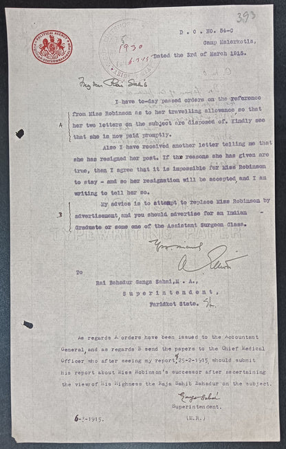 India POLITICAL AGENCY PHULKIAN STATES & BAHAWALPUR 1915 crested letter
