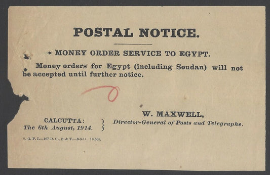 AOPIMT India 1914 WW1 POSTAL NOTICE Money Order to Egypt Suspended