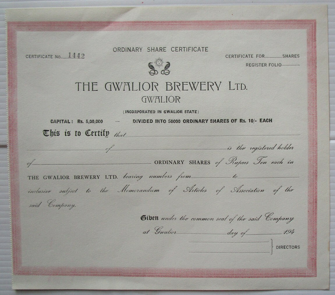 India The Gwalior Breweries Ltd. unused 1940s share certificate