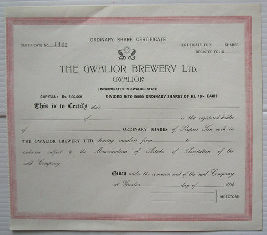India The Gwalior Breweries Ltd. unused 1940s share certificate