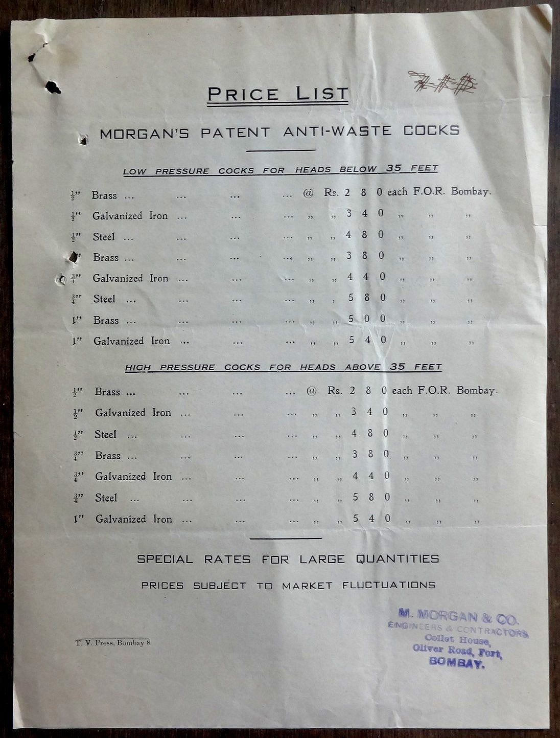 India 1939 advertisements & price list for MORGAN’S PATENT ANTI-WASTE COCKS