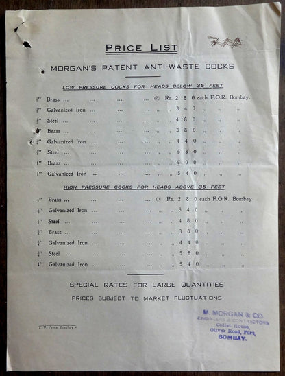 India 1939 advertisements & price list for MORGAN’S PATENT ANTI-WASTE COCKS