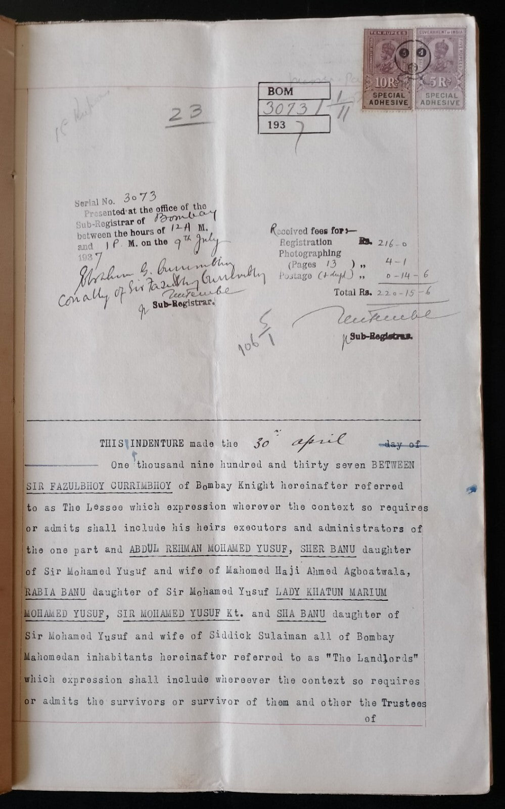AOP India 1937 indenture signed Fazulbhoy Currimbhoy