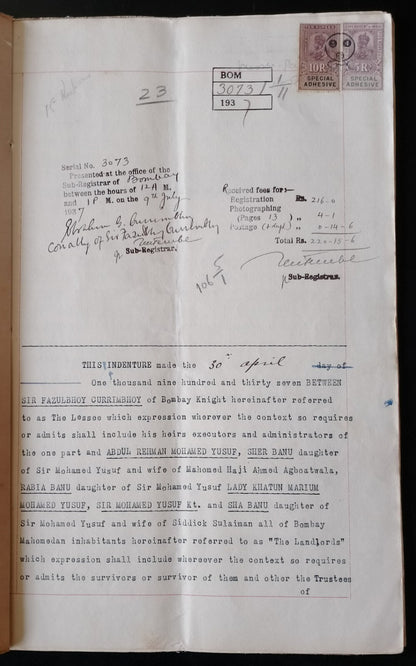 AOP India 1937 indenture signed Fazulbhoy Currimbhoy