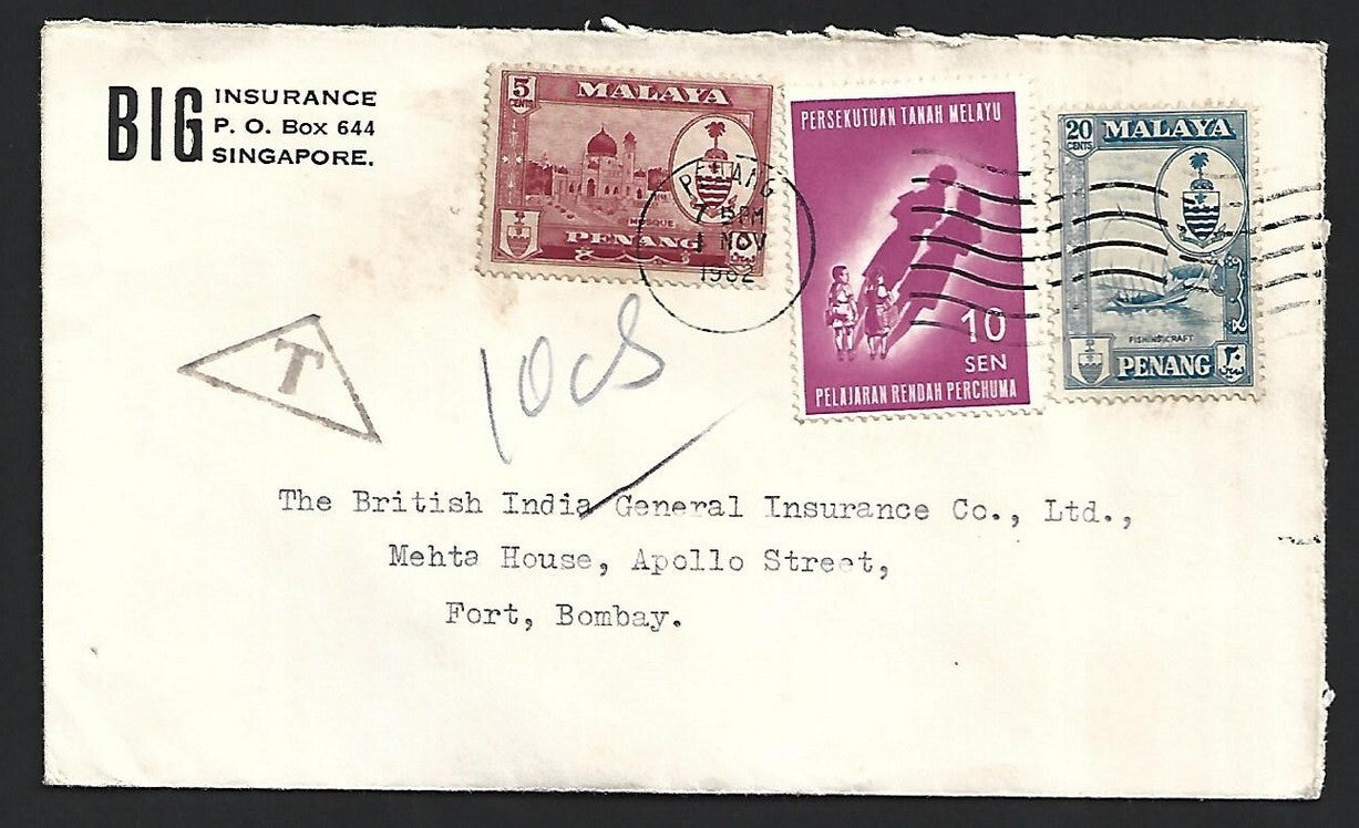 Malaya PENANG postage due mark on cover to India