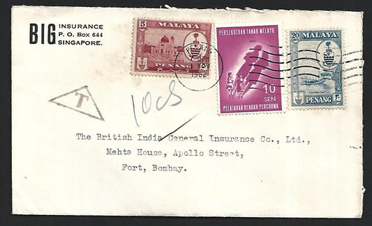 Malaya PENANG postage due mark on cover to India