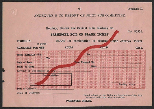 India BBC&I Railway Blank Ticket #55555