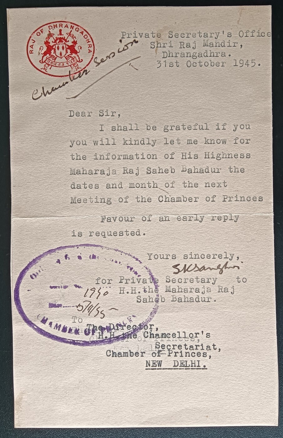 India 1945 crested letter RAJ OF DHRANGADHRA
