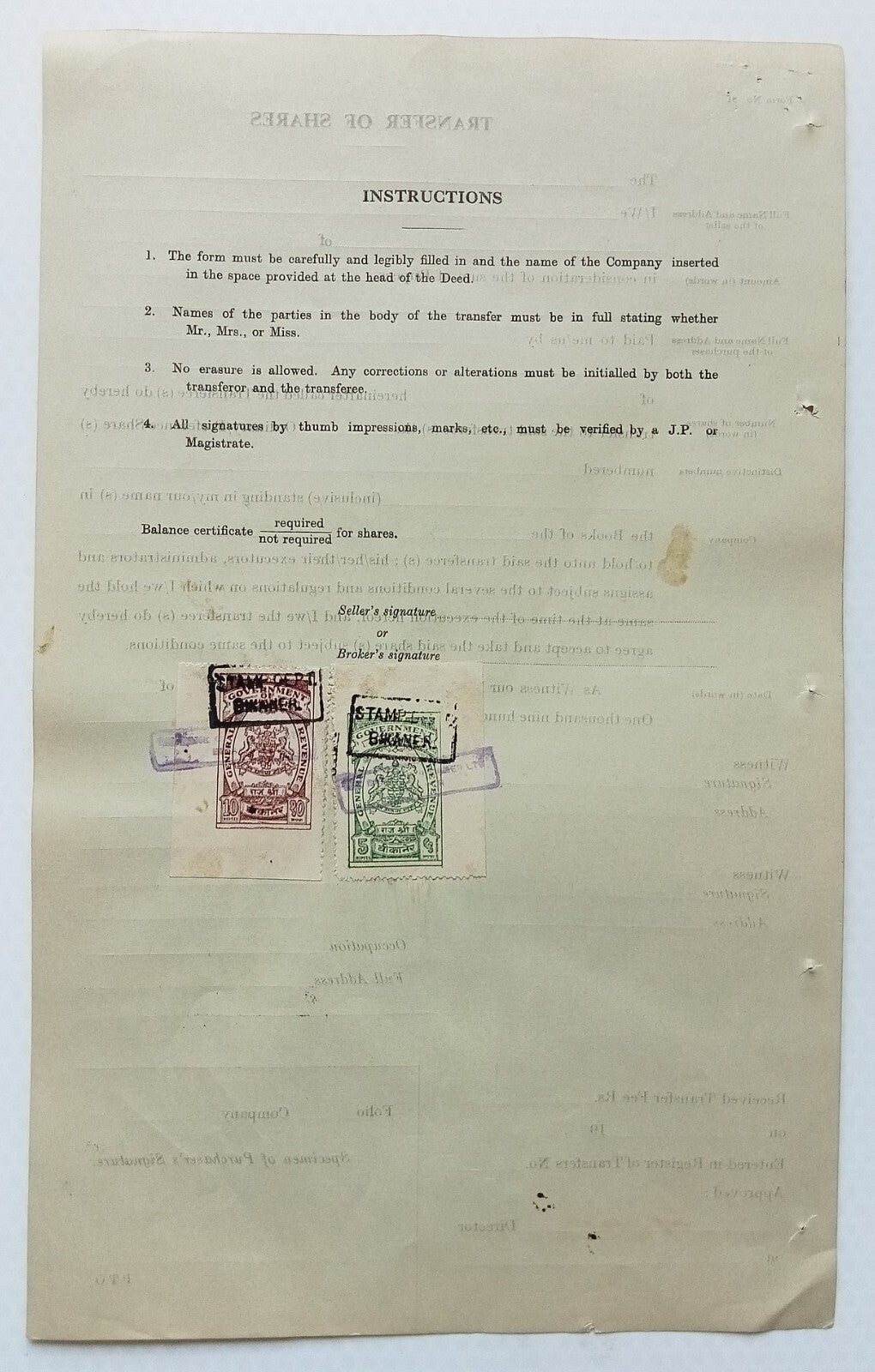 (AOP) India Bikaner State General Revenue 5R & 10R on share transfer form