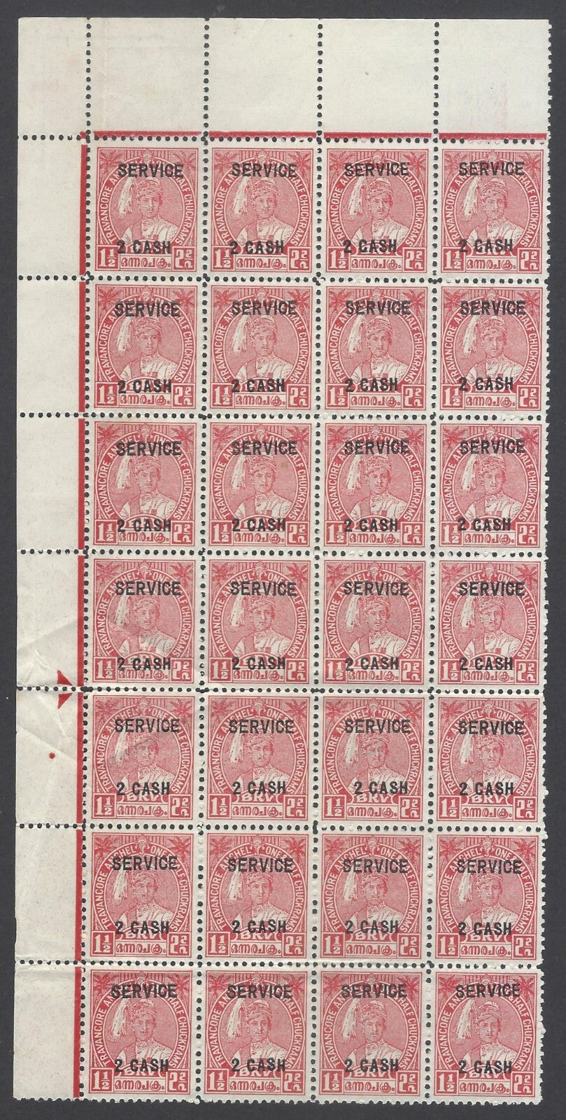 AOP India Travancore Off 1943-5 2ca on 1 1/2ch unused block of 28 SG O106b £98